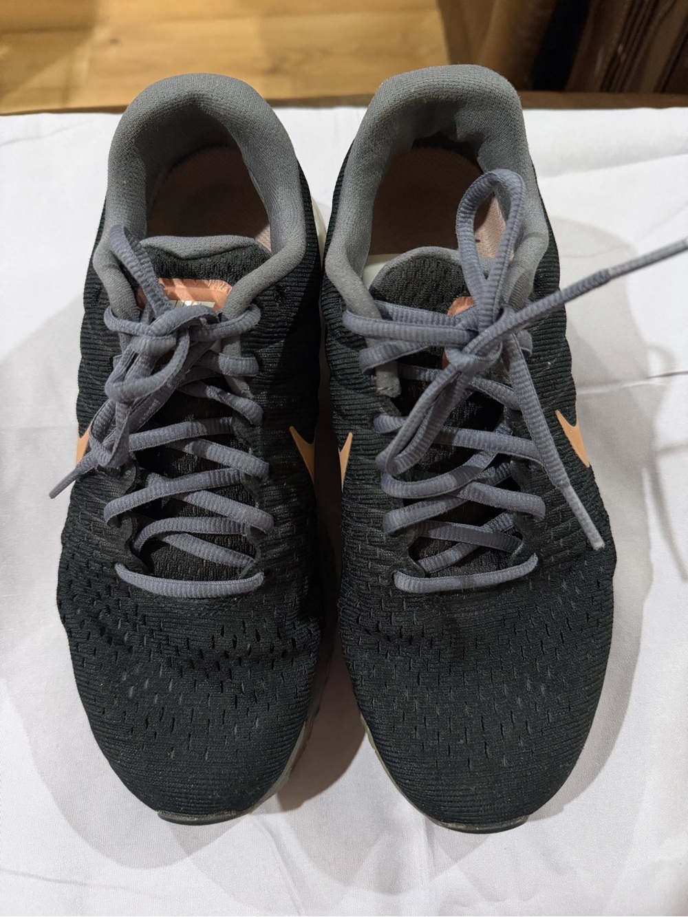 Nike AirMax Black Sneakers with Peach Swoosh and Gray Laces